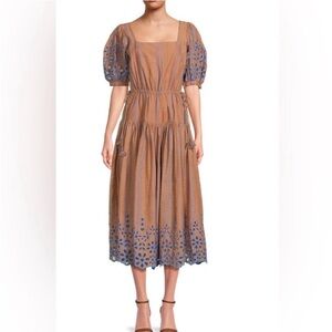 Joie Linen-Cotton Eyelet Midi Dress with Blue Mosaic Accents
